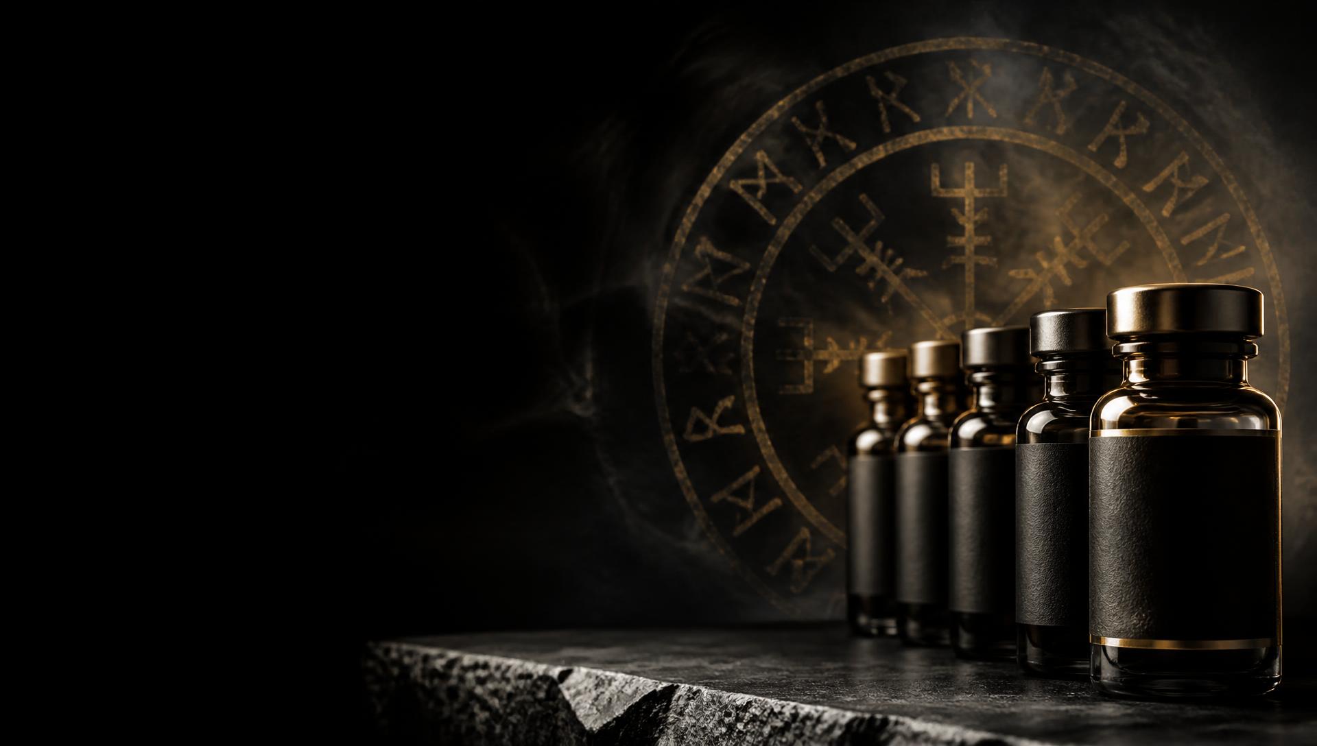Valkyrie Research LLC vials in low gold light